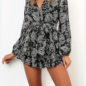 Elegant Black and White Floral one piece with V-Neck